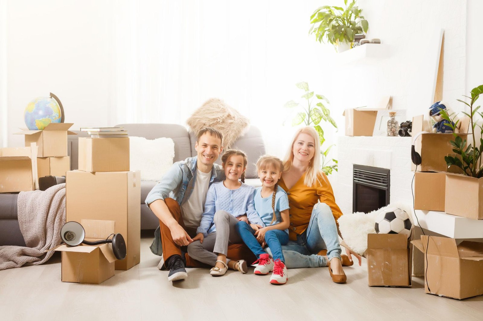 Customers planning a long-distance move surrounded by packed boxes