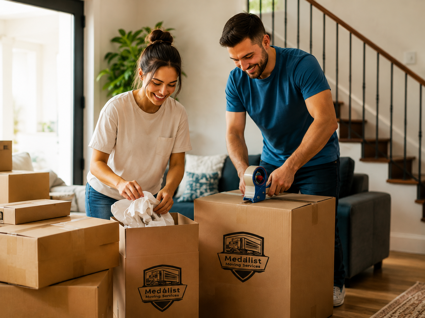 Couple packing household belongings for a long-distance residential move